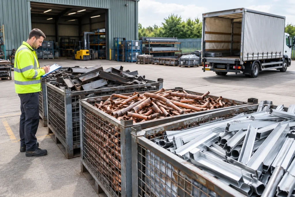 Sorted copper pipes and metal offcuts ready for commercial scrap metal collection