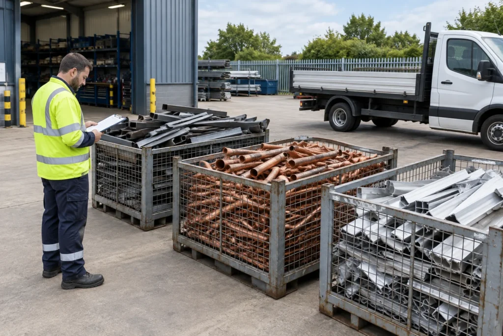 Separate containers of copper pipes and metal sections for commercial scrap metal collection