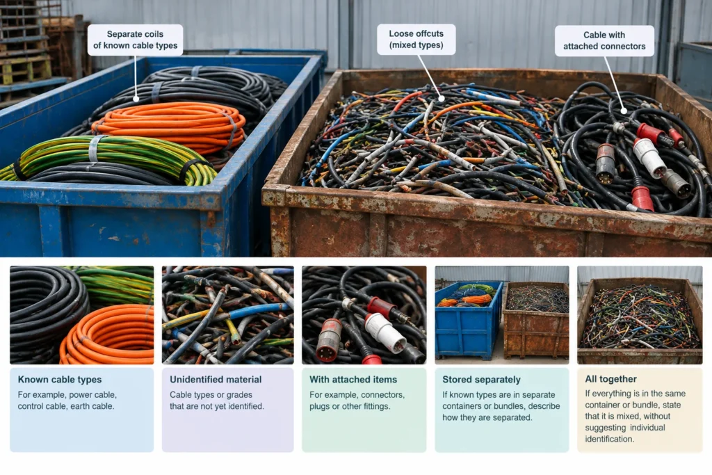 Explain your mixed cable load and attached items — Scrap cable collection in London: how to describe insulated and mixed cable for an enquiry