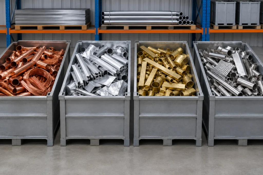 commercial scrap metal collection london: Copper, aluminium, brass and stainless steel illustrated in separate unbranded containers.