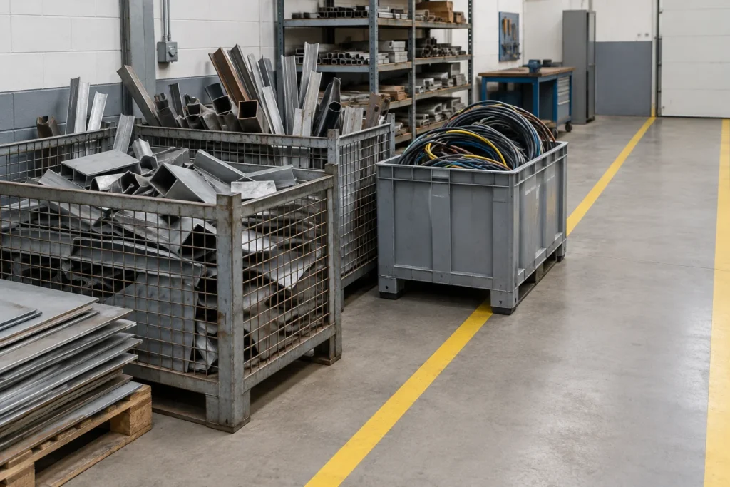 commercial scrap metal collection london: Illustrative workshop with grouped metal offcuts, separate cables and a clear access route.