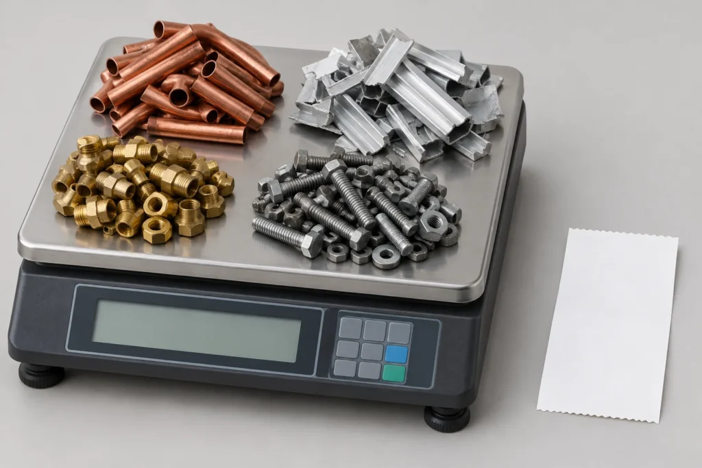 commercial scrap metal collection london: Sorted metal on a generic weighing platform beside a blank paper receipt.